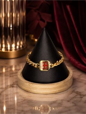 Valentino Garavani Gold Chain Bracelet | Red Enamel Detail | 6.5” | Dust Bag